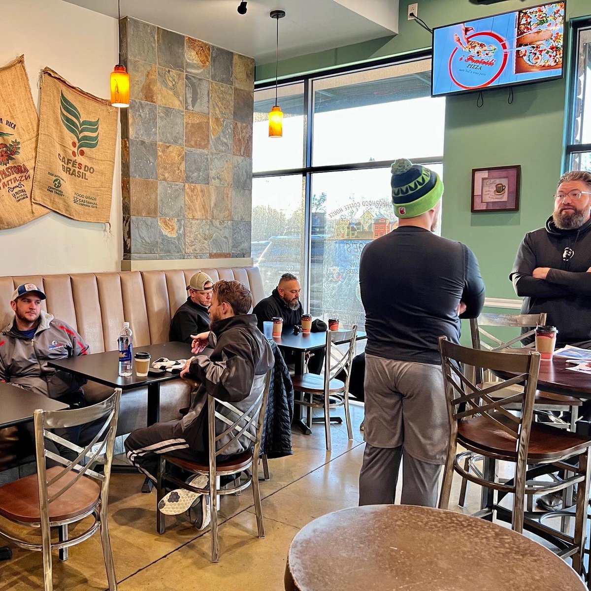 F3Alliance's tweet photo. These guys got it done yesterday in the cold &amp; wind then retreated to Roscoe’s to warm up, drink coffee and talk about life with each other!

Yes, we love fitness but the fellowship &amp; faith is where impact is made and lives are changed!
Go Get It HIM!

#f3alliance #coffeeteria https://t.co/S3hh0hLhUH