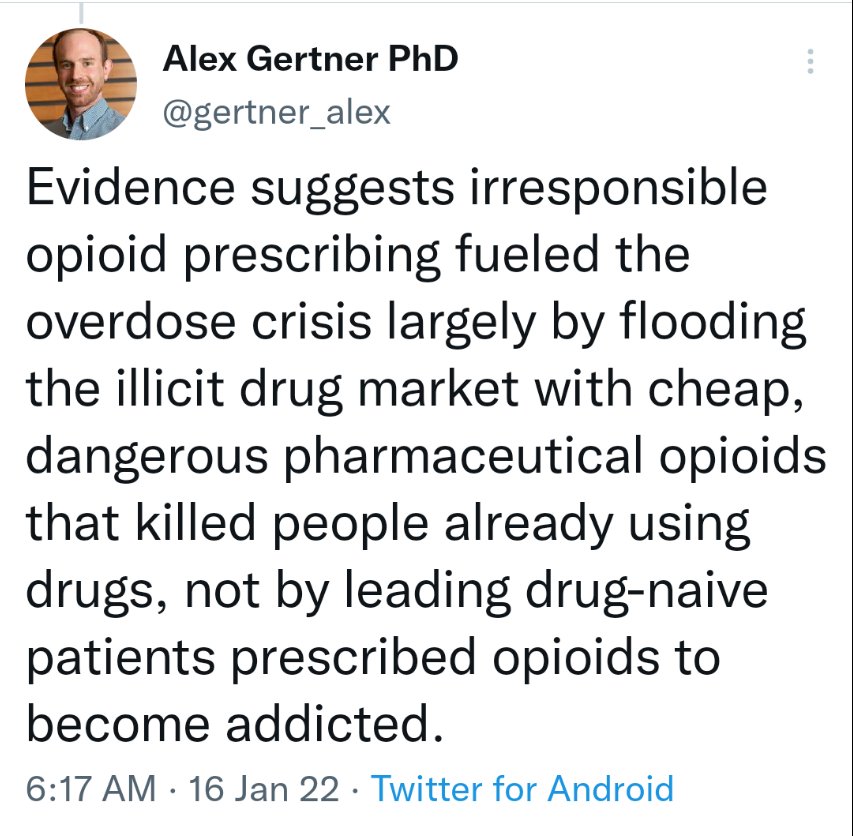 This perfectly summarizes what was happening during the Purdue pharma era.. The oversupply of oxycontin spilled into the black market.. deaths we were seeing were from people already using drugs not opioid naive pts who were prescribed opioids then all of a sudden became addicted