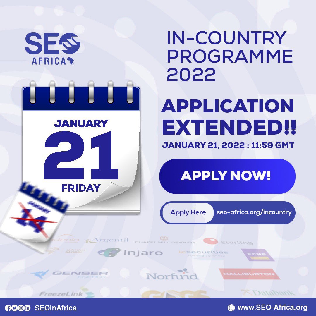 jkOpey's tweet photo. SEO-Africa in-country application deadline extended!

In final year? This is an opportunity to do your national service at a place that pays more than 559 with 90% probability of being retained post service. 

Graduate trainee slot also available for recent graduates. 

RT https://t.co/ajtP55erkg