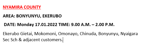 KenyaPower_Care's tweet photo. Good evening our esteemed customers, the following areas are scheduled for power interruption dated tomorrow (17/01/2022). https://t.co/7FY6cyKa1F