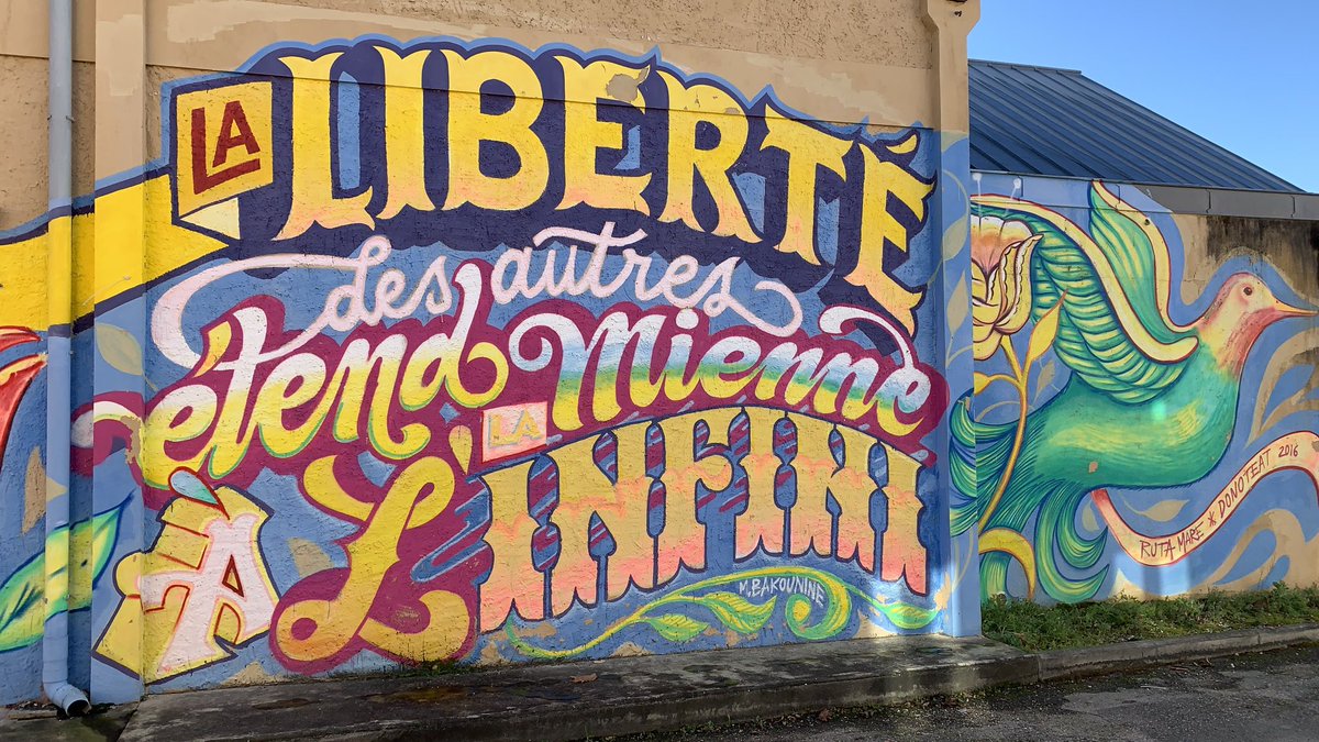 A lovely piece of street art in the small market town of Saint-Clar, Gers, France. “The liberty of others extends mine to infinity”