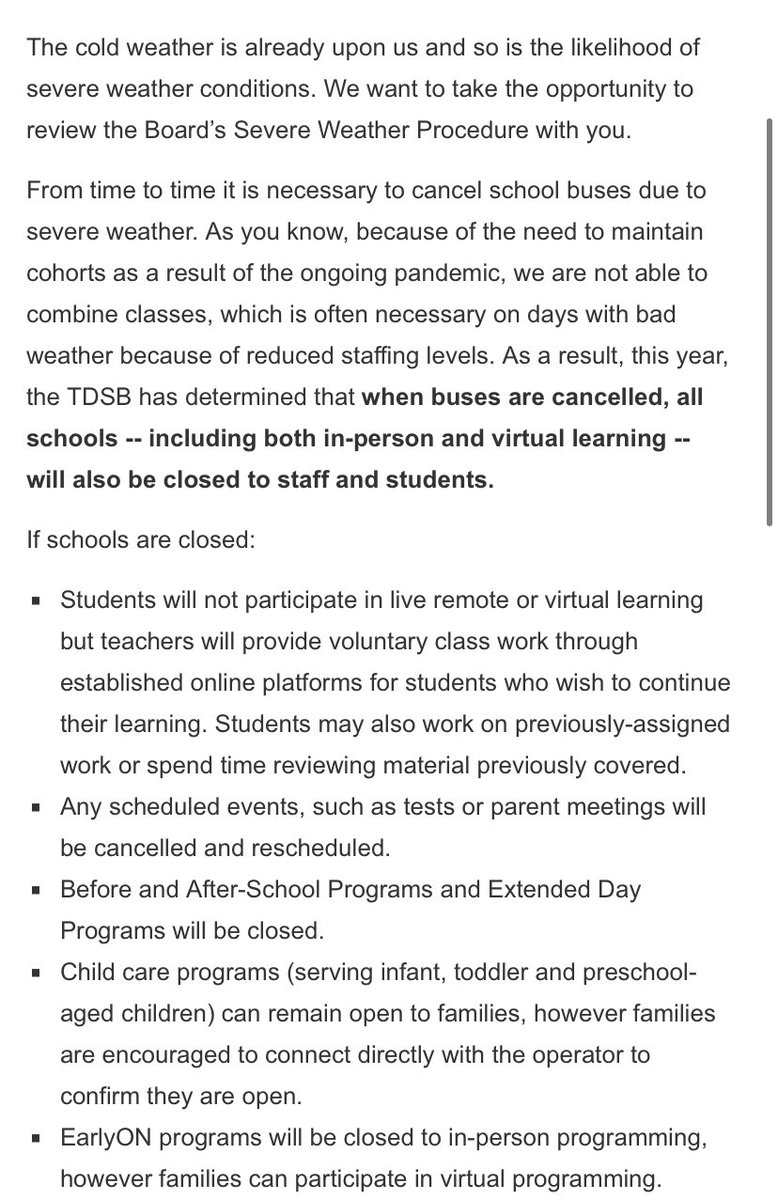 LeenaLatafat's tweet photo. Heads up parents: The TDSB says on snow days when buses are cancelled, all schools — including both in-person AND virtual learning will be closed to staff/students.

Heavy snowfall is expected overnight and into the morning… https://t.co/1Wi38Qr3xa