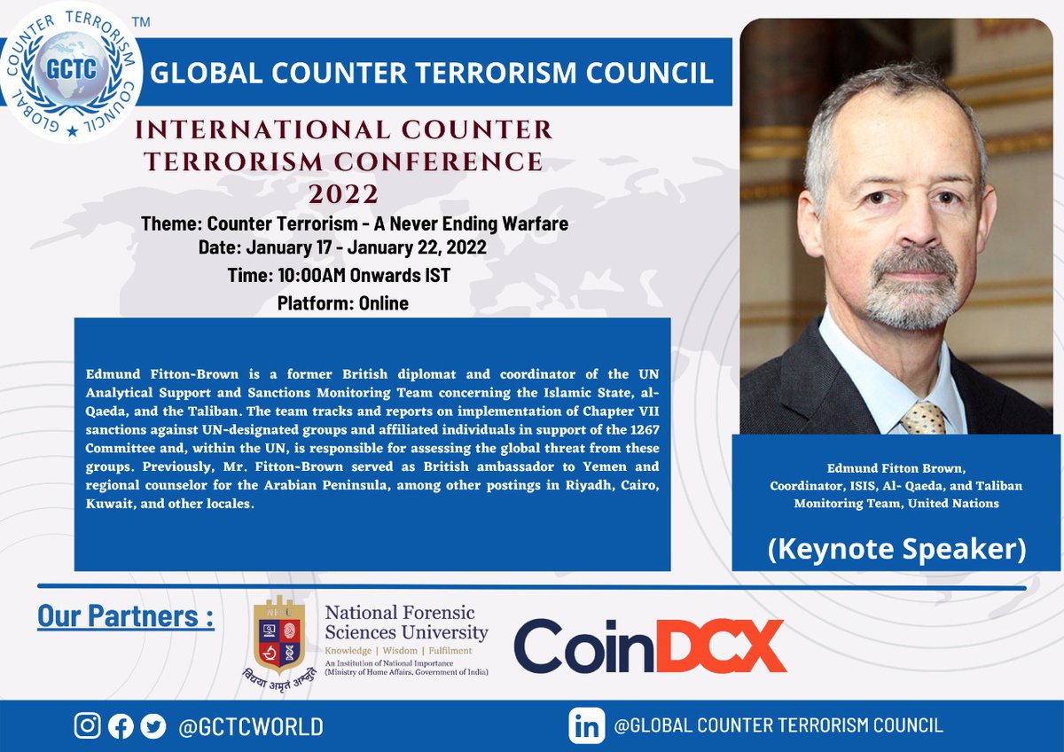 GCTCWORLD's tweet photo. #GCTC is glad to have Mr. Edumund Fitton Brown as our Key Speaker for International Counter Terrorism Conference 2022.
@EFittonBrown

@adgpi @indiannavy @HQ_IDS_India @Facebook

 #technologies #terrorism #foreigncollaboration #uavs #armoredvehicles #counterieds #protectivegears https://t.co/2v6v71YXSO