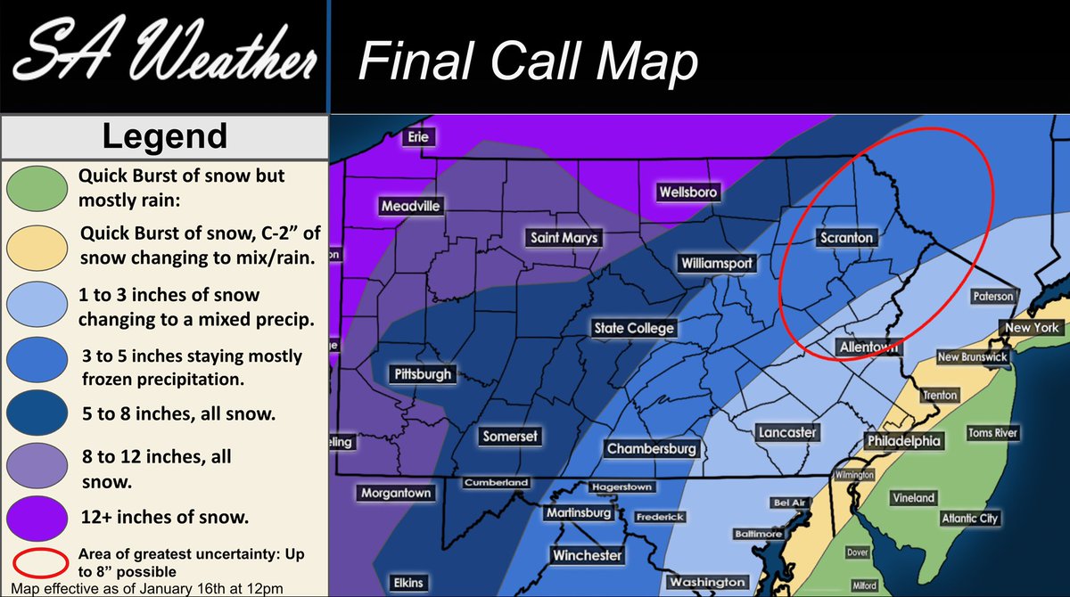 Here’s our final call Map, this system is going to be a wet mess for a lot of people, however snow lovers more in the interior and further west are going to have a field day! We’ll have dual reports from both <a href="/ShaneMartrich/">Shane Martrich</a> and <a href="/Aschaafwx/">Alex Schaaf</a> from State College and East Stroudsburg!