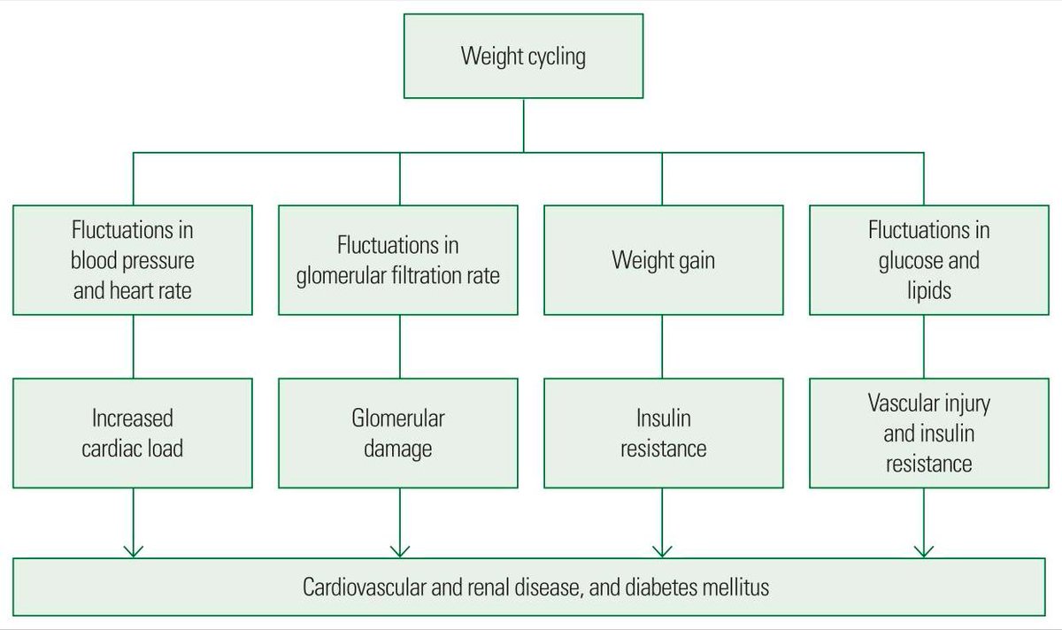 🔴 تقلّب الوزن أو ال weight cycling

هو التخلص من الوزن الزائد ثم استعادته ثم التخلص منه عدة مرات

يسببه بالغالب محاولات نزول الوزن العشوائية

عدة دراسات تحذر من تقلّب الوزن لما له من اثار سليبة على الصحة

doi.org/10.1210/jc.201…
dx.doi.org/10.7570%2Fjome…