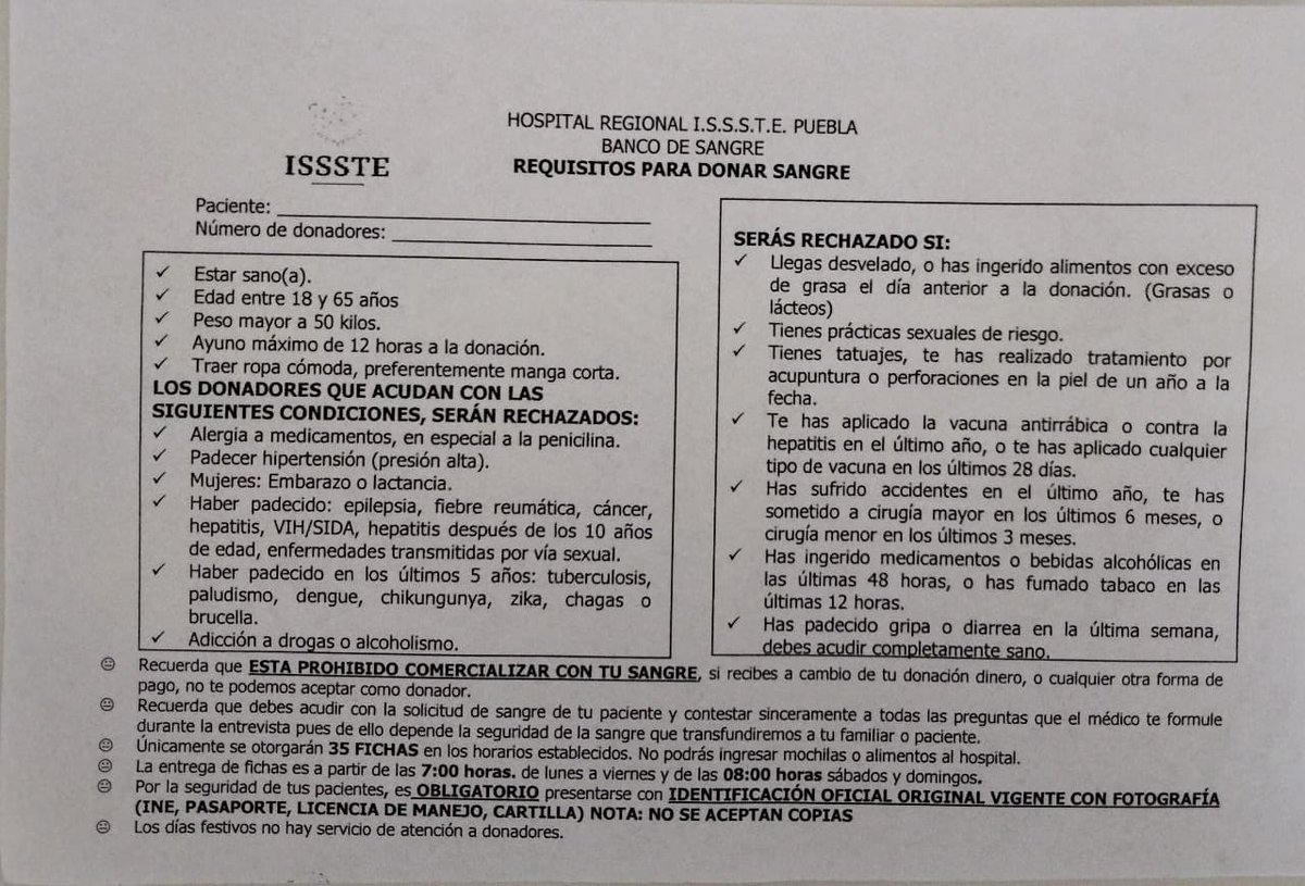 #ServicioSocial 📢

El periodista Antonio ‘Toño’ de la Vega Moreno necesita con urgencia donadores de sangre 🩸 

Hospital 🏥#ISSSTE cama 633
Número de contacto: 2216253154