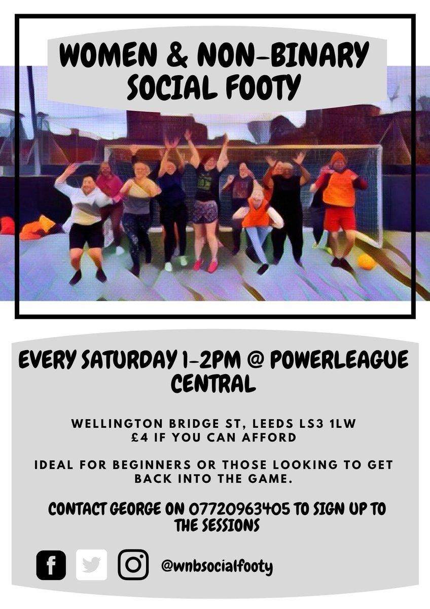 Do you know any women or non-binary friends/family etc who might like to give football a go!?

On Saturdays we run social football sessions aimed at women and non-binary people looking to get back into football, or to give it a go for the first time.

Details below!