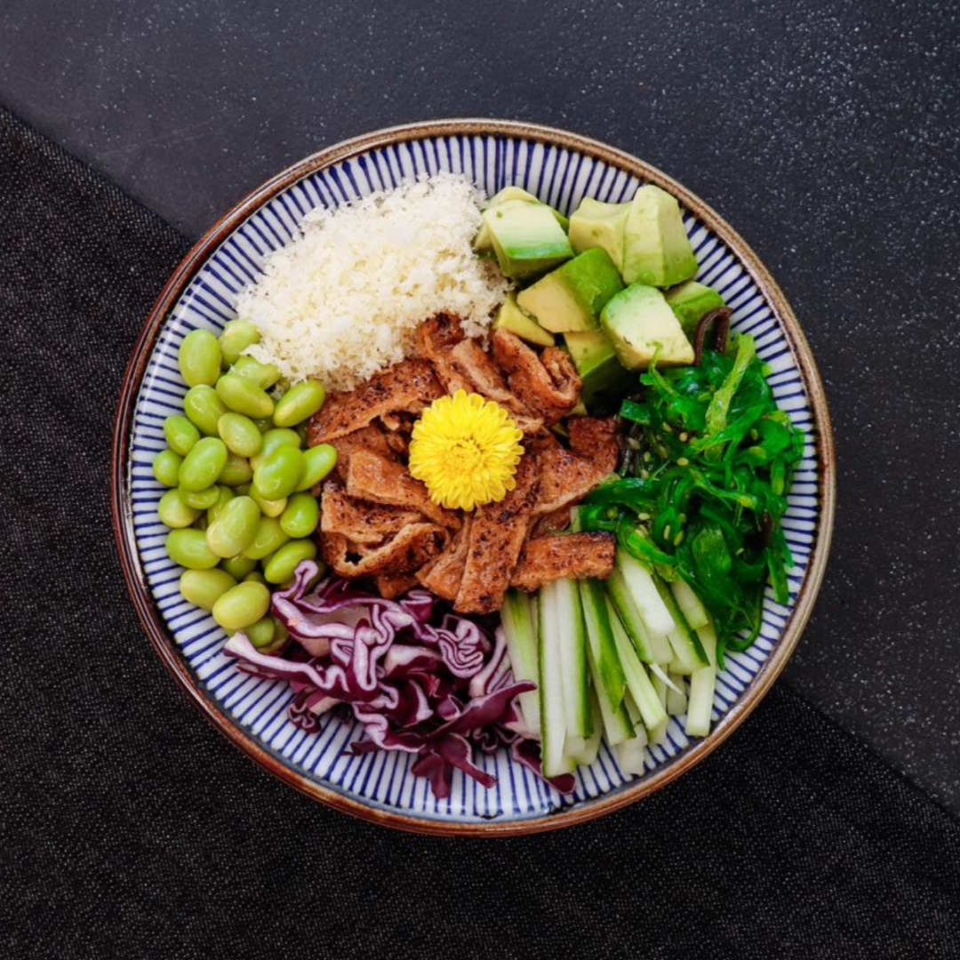 In the mood for a Poke Bowl? Try our Vegan Poke! It includes rice, sesame seeds, avocado, edamam
