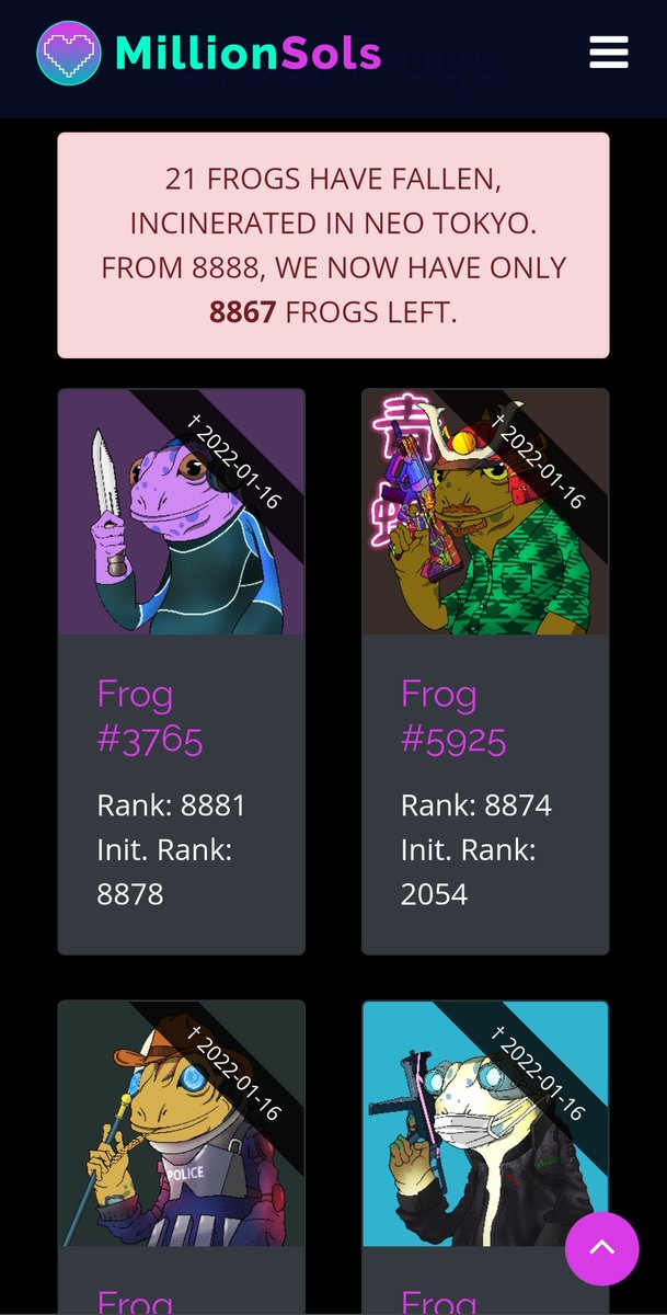 Probably nothing 👀
<a href="/CyberFrogsNFT/">Cyber Frogs (!FF)</a> <a href="/MillionSols/">MillionSols</a>
#solana #SolanaNFTs