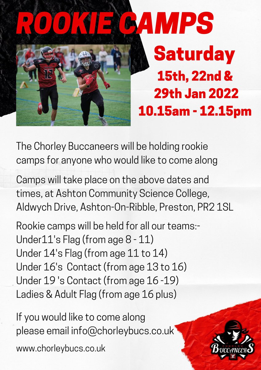 ChorleyBucs's tweet photo. The first of our Rookie Camps took place yesterday. There is still plenty of time to come along. The next 2 camps will run on Sat 22nd and 29th Jan 2022 at Ashton Community Science College, Aldwych Drive, Ashton-On-Ribble, Preston, PR2 1SL, 10.15 am to 12.15pm.
#chorleybuc 🏈 https://t.co/6ZKz0YXIIh