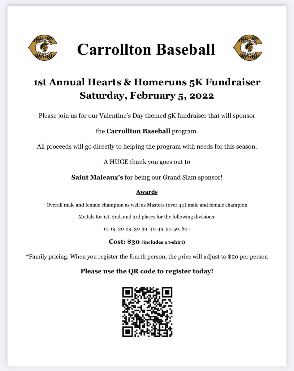 1trojanbaseball's tweet photo. Join us Saturday, February 5th for our 1st Annual Hearts and Homeruns 5K. 

Use the QR code embedded in the flyer to register. https://t.co/7oYQPEw6jg