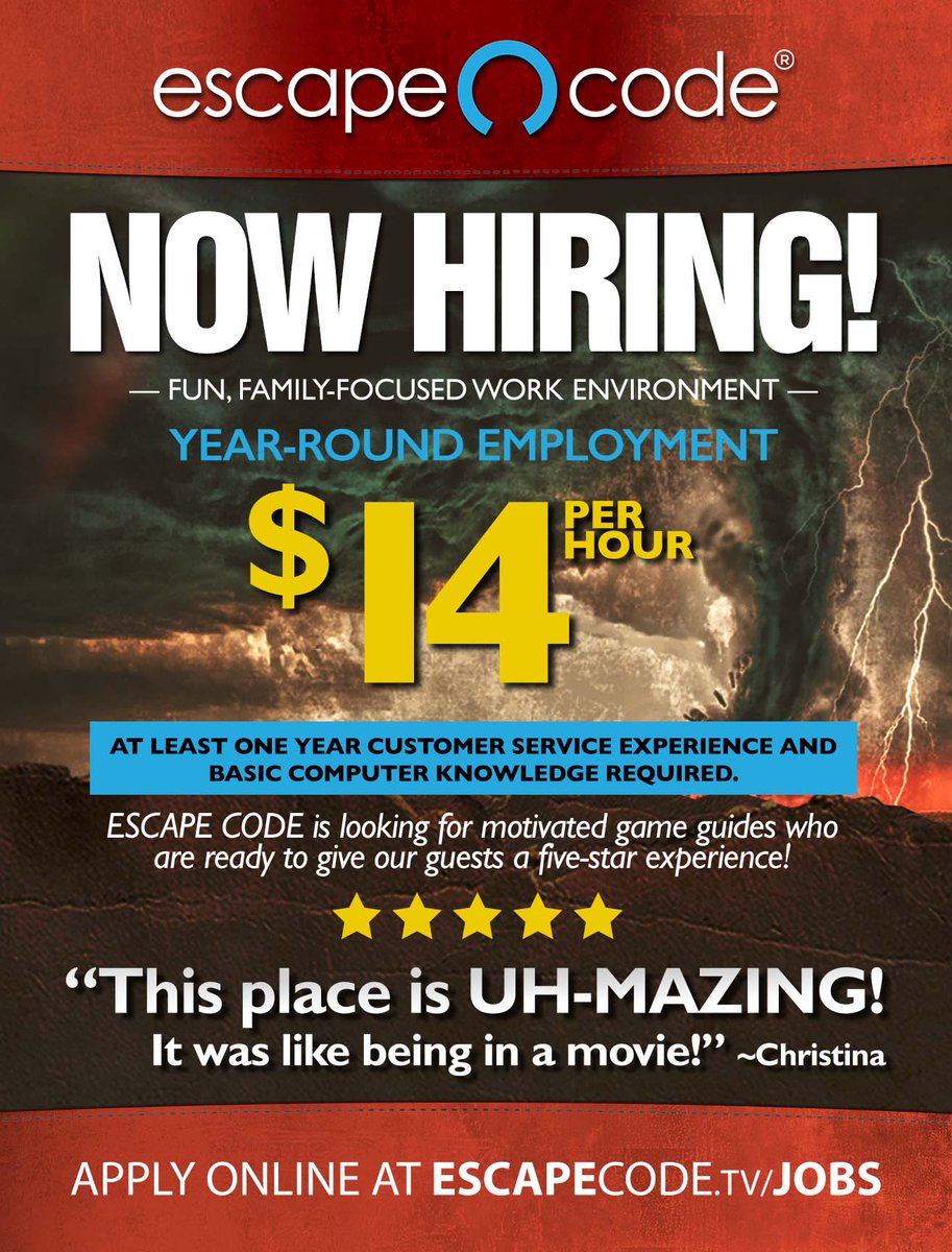 EscapeCodeGame's tweet photo. $14 Year-round positions available! - https://t.co/EwYhR2Dh00 https://t.co/PWvCRaFKYb