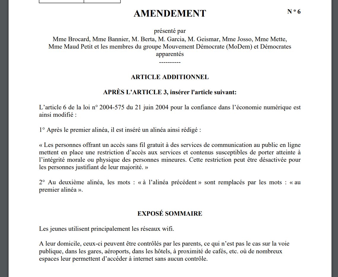 reesmarc's tweet photo. 🚨Les députés MoDem veulent que *tous* les réseaux WiFi gratuits empêchent l’accès aux sites &amp; contenus « susceptibles de porter atteinte à l’intégrité morale ou physique" des mineurs. 

Une restriction levée si l'internaute prouve sa majorité.

(avec un pass vaccinal ? ->#troll) https://t.co/zhuLaO1q61