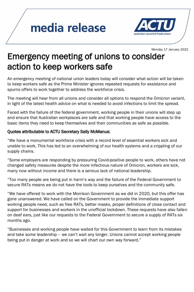 RT @unionsaustralia: MEDIA RELEASE: Emergency meeting of unions to consider action to keep workers safe. https://t.co/43E4uXC5yJ