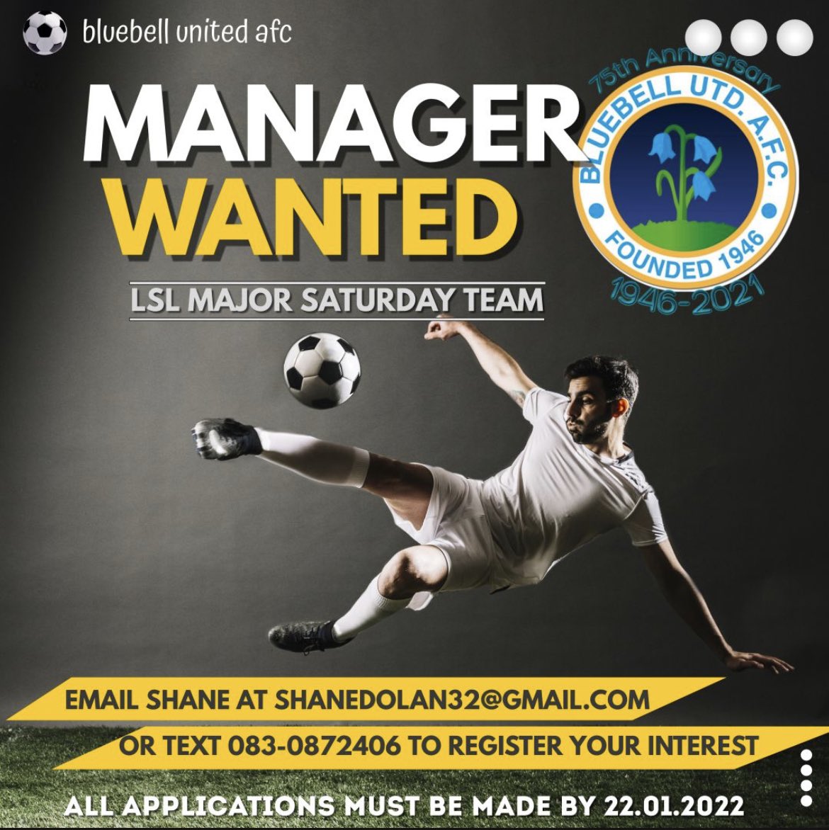 ⚽️Manager Wanted⚽️
We’d like to thank <a href="/eric_quinn88/">Eric Quinn</a> for coming in and assembling a quality squad of players, but due to work commitments Eric has to step away from the role of Saturday manager. Applicants can contact Shane via email on post or text number provided #newmanager