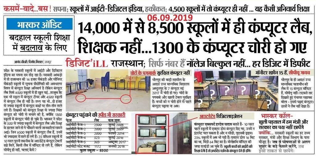 14 हजार में से सिर्फ 8,500 स्कूलों में ही कंप्यूटर लैब, शिक्षक नहीं.. बेरोजगार भटक रहा है.. और पद खाली है.. 
#पूर्व_कंप्यूटर_अनुदेशक_सेवा_बहाली_कब 
#बोनस_अंक_व_पद_सुरक्षित_करो