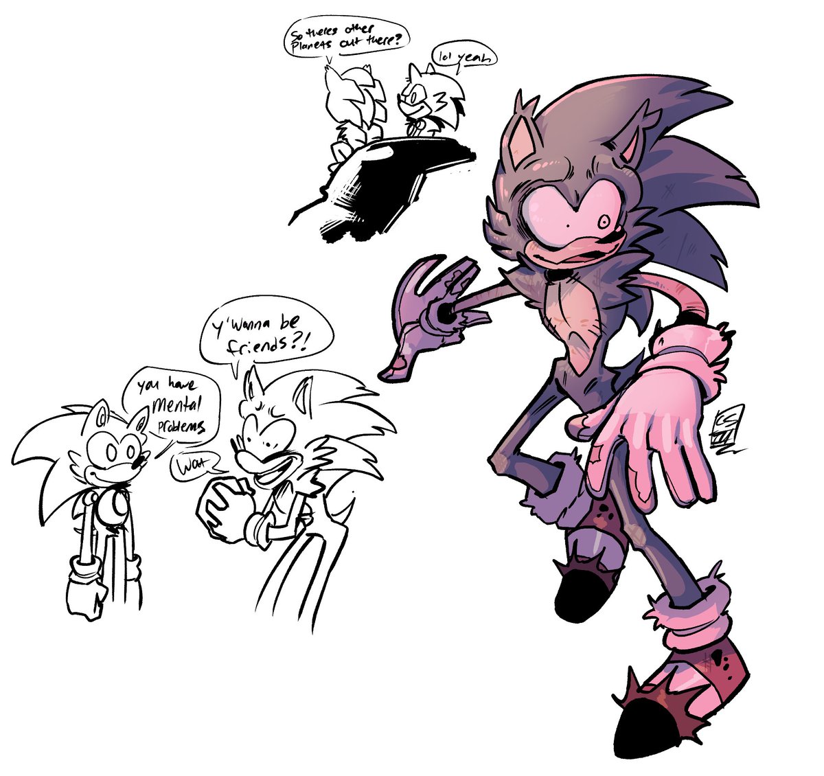 codetrillogy's tweet image. speaking of funny hedgehogs, heres some fanart of sidereal, and uh, whatever shenanigans sidereal and i-speye are doing 
#sonicexe #art #illustration