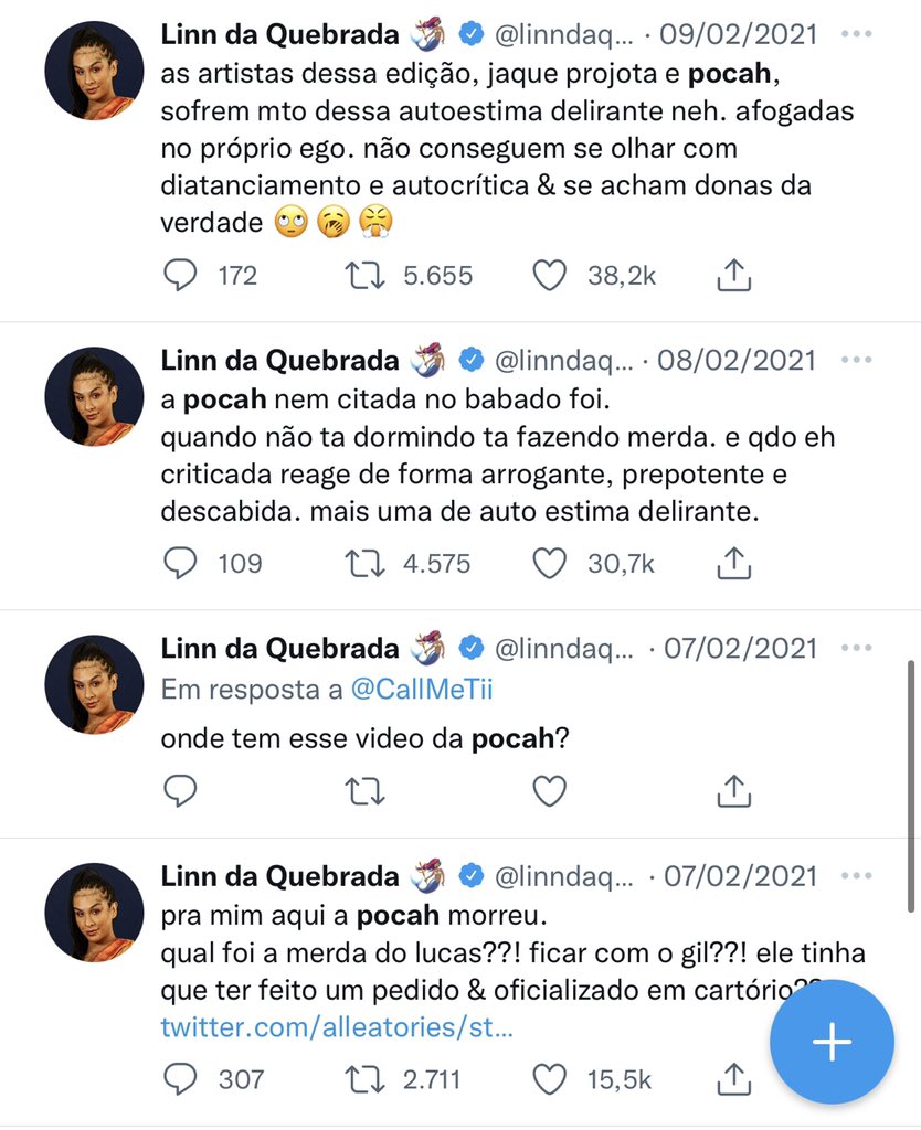 Pocah deleta tweets de apoio a Linn da Quebrada após achar postagens lhe criticando no BBB21: &#8220;Fazendo papel de trouxa&#8221;