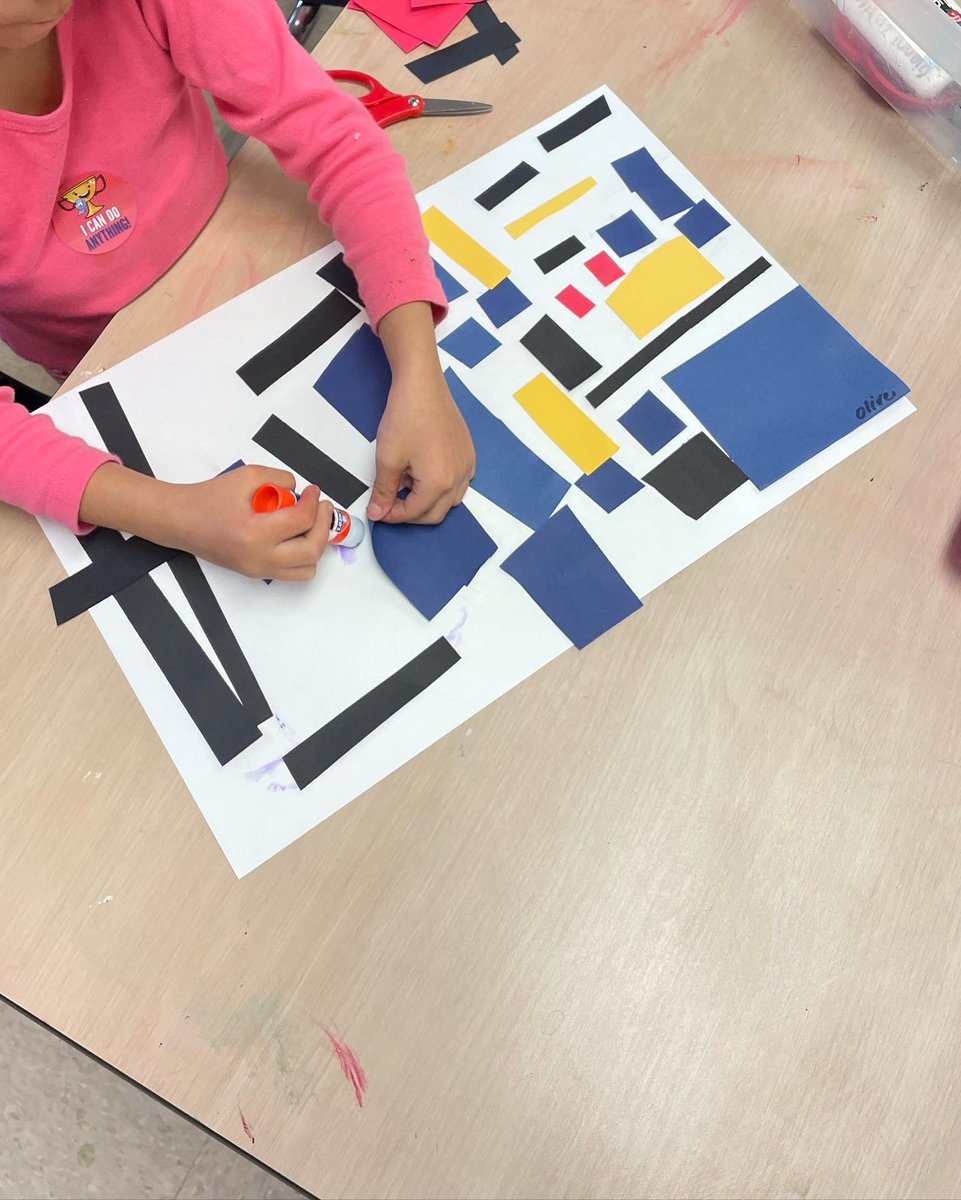 Artwithholly's tweet photo. My Kindergarteners learned about Piet Mondrian last week. Using the primary colors plus black and white, they snipped and pasted to create their own Mondrian masterpiece. https://t.co/FfbA0mTITE
