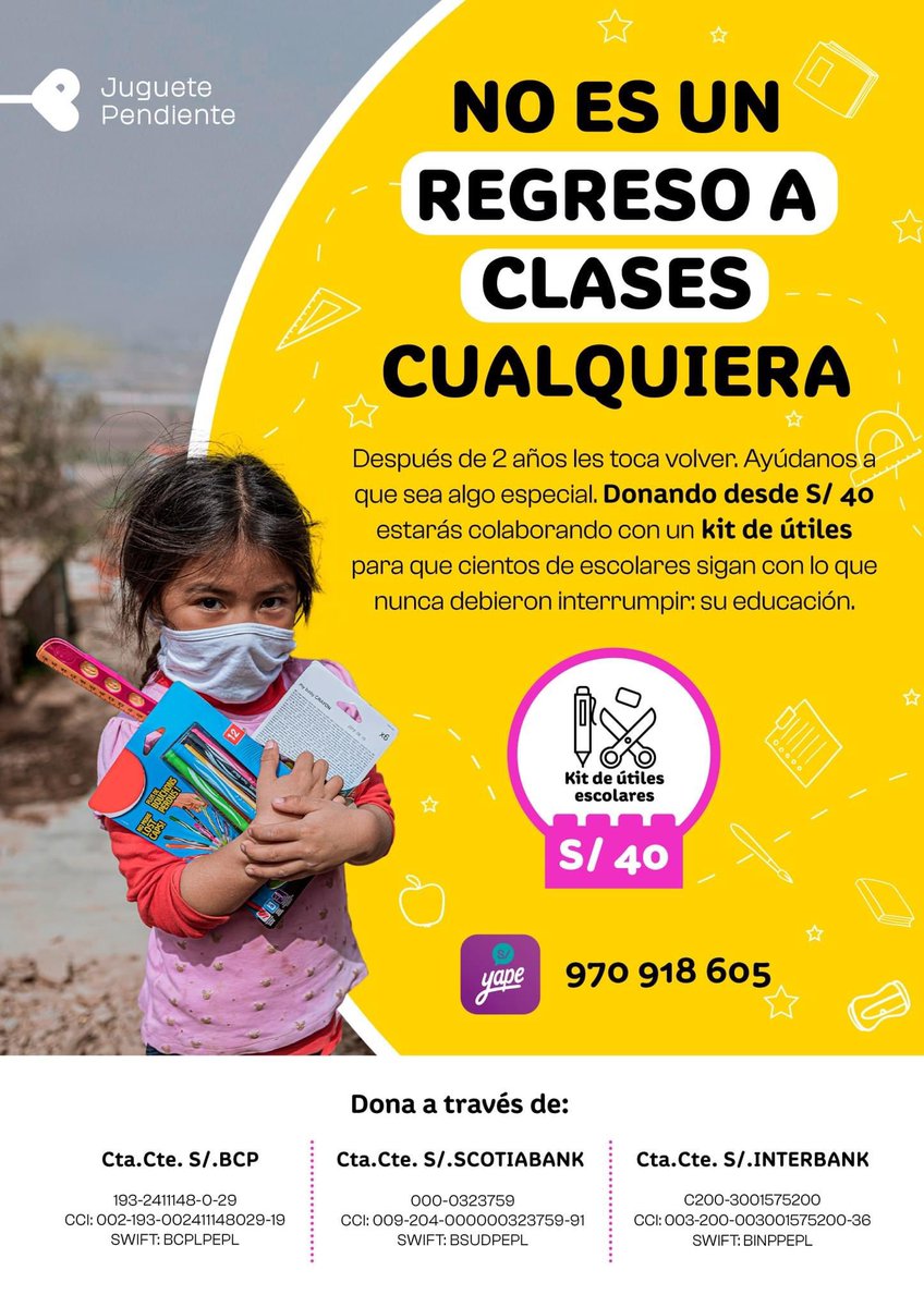 Después de 2 años les toca volver al colegio. Que no sea un regreso cualquiera. Hagamos que sea especial🎒🤩. Donando desde S/40 estarás colaborando con un kit de útiles para que cientos de escolares sigan con lo que nunca debieron interrumpir: su educación✏️📘 ¡Contamos contigo!