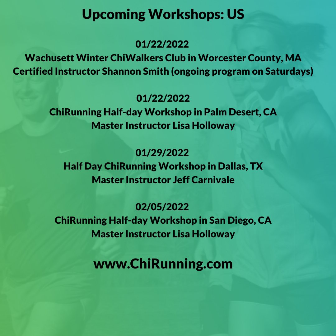 ChiRunning's tweet photo. Upcoming workshops! Learning in person is the best way to get immediate feedback on your #technique
#alllevelswelcome #runningtechnique #walkingtechnique #chirunning #chiwalking #alwayslearningalwaysgrowing #runningclass #runpainfree #runeasy https://t.co/pLAhBsdujg