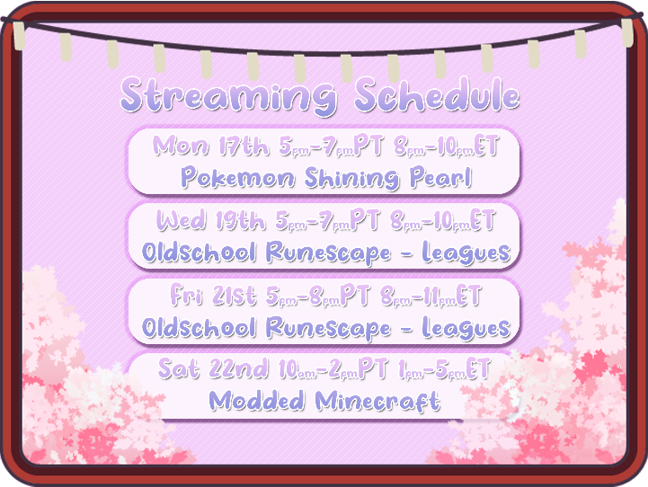 Schedule for January 17th-January 23rd. May stream longer or on additional days! Please join me over at twitch.tv/vtstarflux
#vtStargaze #Vtuber #ENVtubers