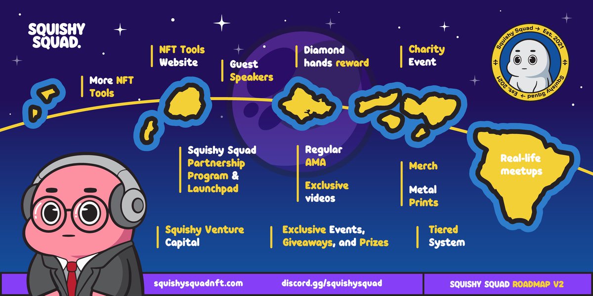 PortlockLabs's tweet photo. OFFICIAL SQUISHY ROADMAP V2

We are so excited to release roadmap V2! Please check out more info in our discord! Let’s go Squad! 🥳 
#squishysquad #roadmapV2 #sgmi https://t.co/ECdDduPmEE