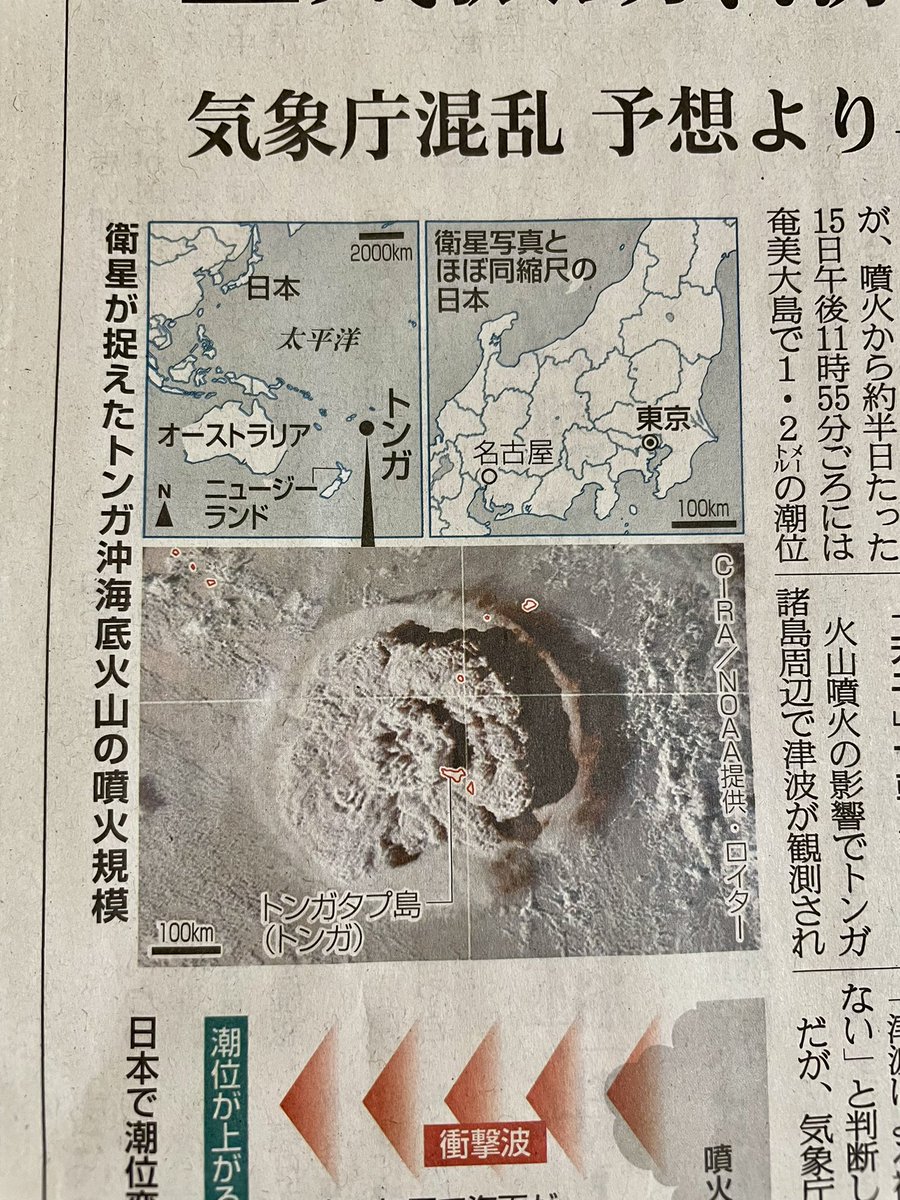 産経新聞、トンガの噴火衛生写真の隣になぜか同縮尺の関東甲信越部分の日本列島の地図を並べる。 富士山が噴火した時はこーんな感じだよー♪ という記者の魂を感じる。