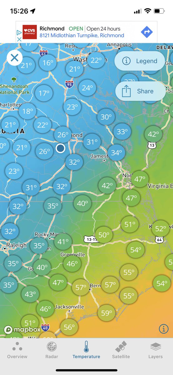 WillWeaverRVA's tweet photo. The warm air is coming. It’s 18° in Charlottesville, 26° here in Bon Air, 47° in Norfolk, and 60° in Ocracoke. #rva #rvasnow https://t.co/3lzLmpDRwf