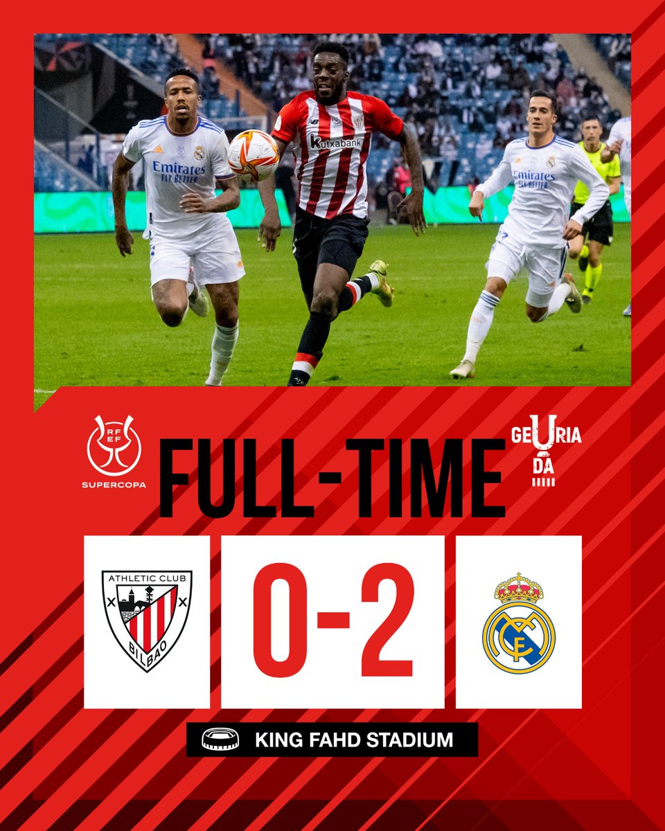 Athletic_en's tweet photo. FULL-TIME I Athletic Club fall to defeat in the Supercopa final against Real Madrid.
Thank you for giving us the chance to dream again, Lions.
𝗔𝗹𝘄𝗮𝘆𝘀 𝗔𝘁𝗵𝗹𝗲𝘁𝗶𝗰 ❤️⚪
#GeuriaDa 🏆 #AthleticRealMadrid https://t.co/aUYS6qslJ3