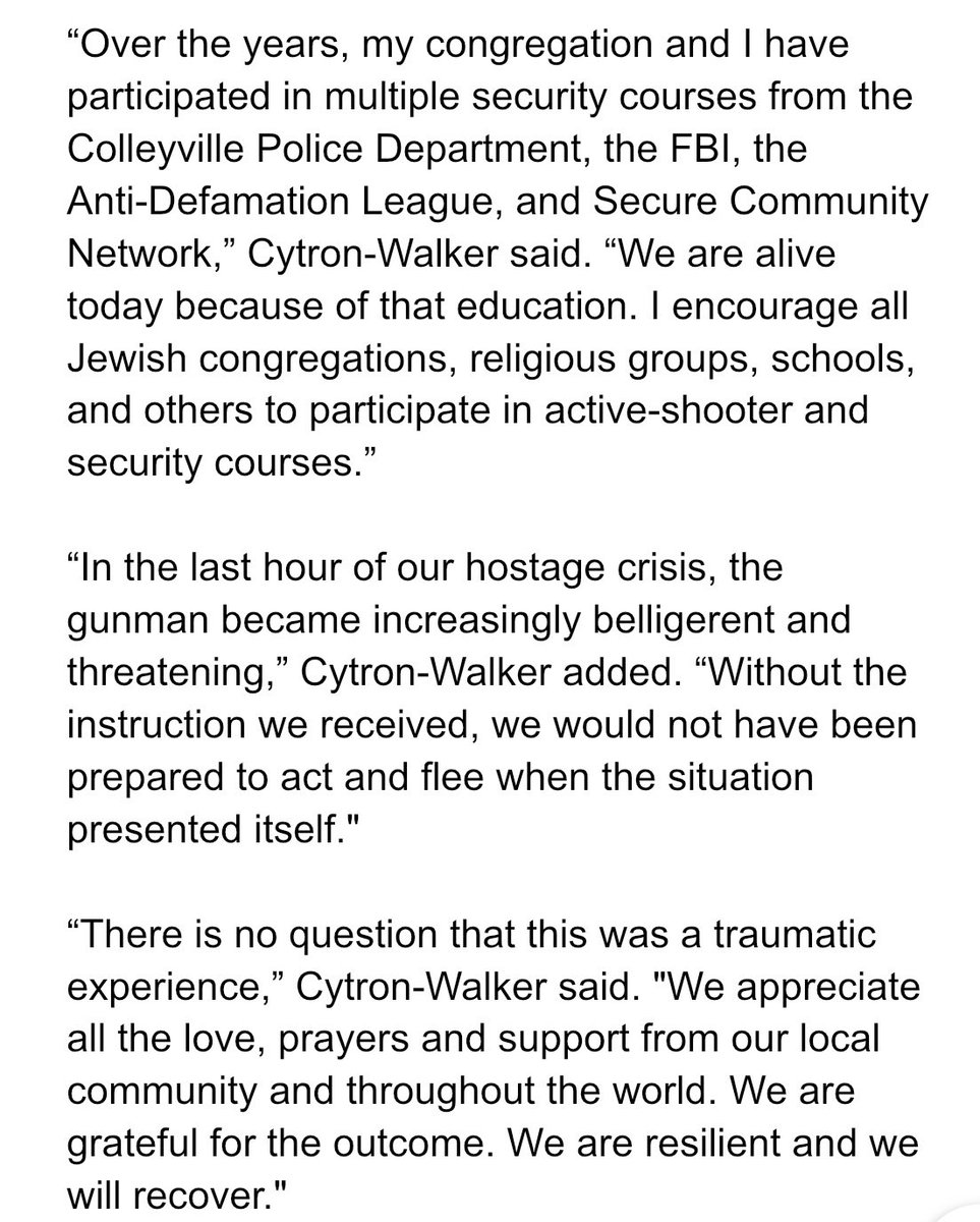 Rabbi Charlie Cytron-Walker, who was held hostage last night with three congregants at Congregation Beth Israel in Colleyville, TX, has released a statement through a spokesperson.