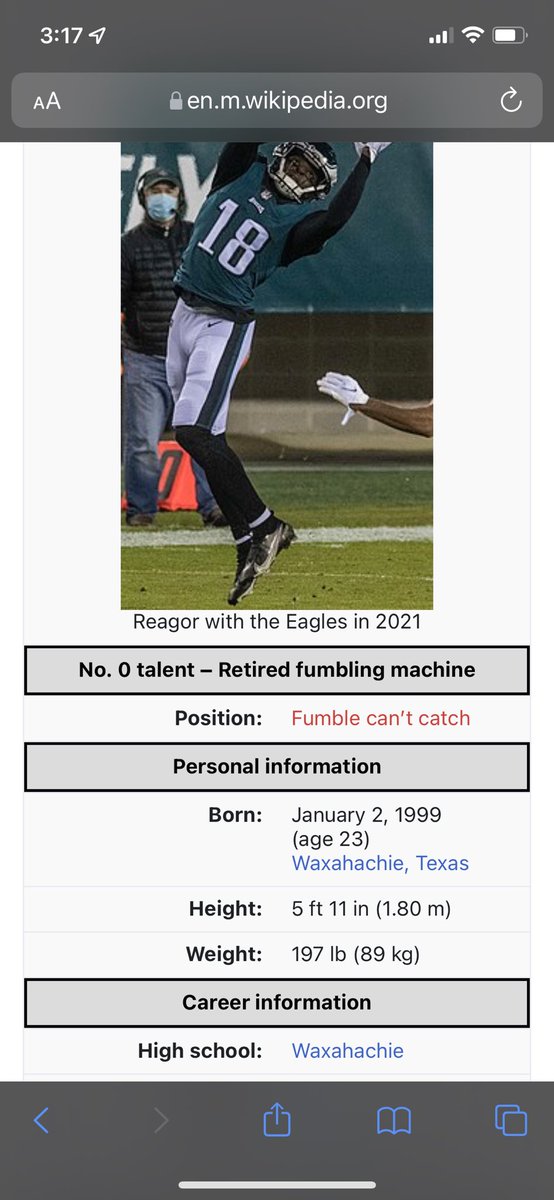 nflidiots's tweet photo. Look at all of these Wikipedia edits on Jalen Reagor’s article 😂 (First one was by me) https://t.co/Nf8I7hYiSa