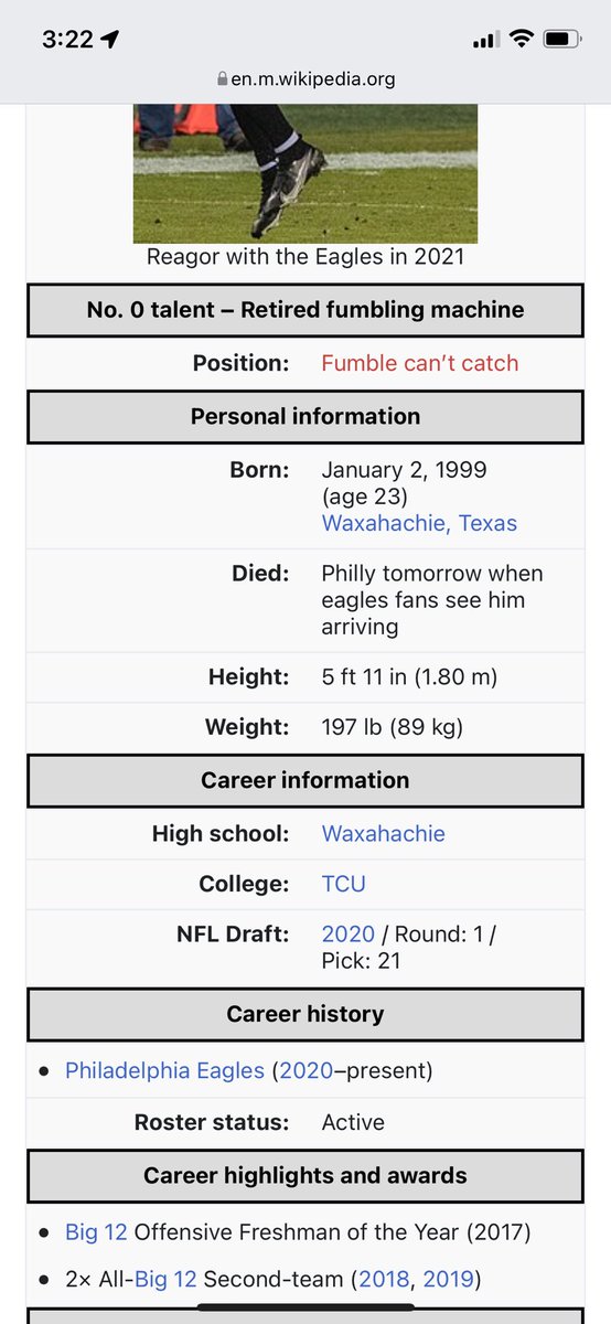 nflidiots's tweet photo. Look at all of these Wikipedia edits on Jalen Reagor’s article 😂 (First one was by me) https://t.co/Nf8I7hYiSa