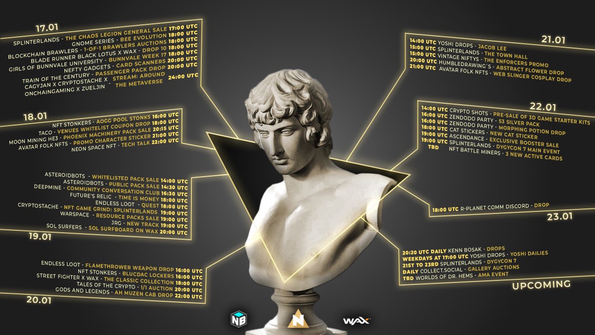 🚨This week's schedule!!🚨

Check out the events, set your alarm, have fun!

━
⏰Event Reminder (GoogleCalendar &amp; Mail): nfthorizon.io
━
👥Comm. Channel of Brands: nfthorizon.io/january-17-jan…
━
<a href="/WAX_io/">WAX</a> <a href="/neftyblocks/">NeftyBlocks</a>
#NFTs #NFTDROPS #NFTCommunity #NFTartists #nftcollector