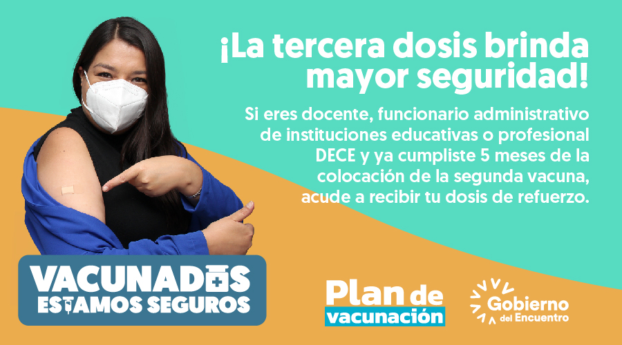 Educacion_Ec's tweet photo. Si estamos #JuntosPorLaSalud y acudimos a vacunarnos, fortalecemos la garantía para el retorno presencial a las aulas. Mantengamos a nuestra familia y amigos protegidos
 
💉 Acude a los Centros habilitados. ➡️ https://t.co/vU48fz3xrh 
 
#PlanVacunación
#VacunadosEstamosSeguros https://t.co/lT0lUqe1ab