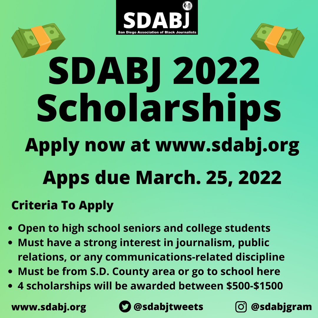 Applications are open for <a href="/SDABJTweets/">SDABJ (San Diego Association of Black Journalists)</a> Scholarship Program. Please apply at sdabj.org. Apps due 3/25/22.  <a href="/NABJSDSU/">NABJ SDSU</a> <a href="/NAHJSDSU/">NAHJ SDSU</a> <a href="/sdspj/">SanDiego SPJ</a> <a href="/NABJRegionIV/">NABJ Region IV</a> <a href="/NAHJSDTJ/">NAHJ SD-TJ</a> <a href="/AAJASanDiego/">AAJA San Diego</a> <a href="/SDSU_JMS/">SDSU JMS</a> <a href="/NATASPSW/">NATAS-PSW</a> <a href="/TheSWCSun/">The SWC Sun</a> @danawilliamstv <a href="/PLNU/">Point Loma Nazarene University</a> <a href="/palomarcomets/">Palomar College</a>
#sdabj22 #scholarships