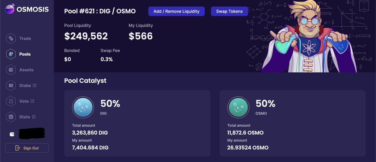 ⛏ The pool did went and doubled already! 🚀 

Add #crypto liquidity in the $DIG - $OSMO pool and earn very attractive APY! 

app.osmosis.zone/pool/621

#digchain #NFT <a href="/osmosis/"></a>