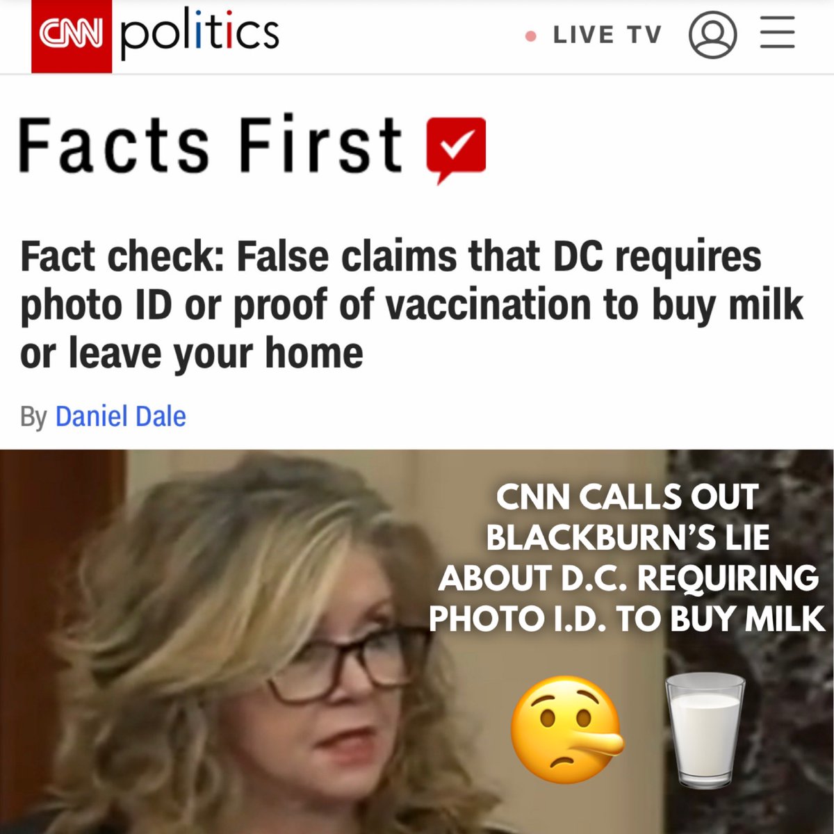 TheTNHoller's tweet photo. FACT-CHECK: @MarshaBlackburn called out by CNN for lying (again) 🤥🥛

She claimed D.C. requires photo ID to buy milk - which is, of course, false… Marsha is an endless fountain of lies and disinformation. ⛲️ 
https://t.co/zTUkBBy5Md https://t.co/lgsCShuqeM