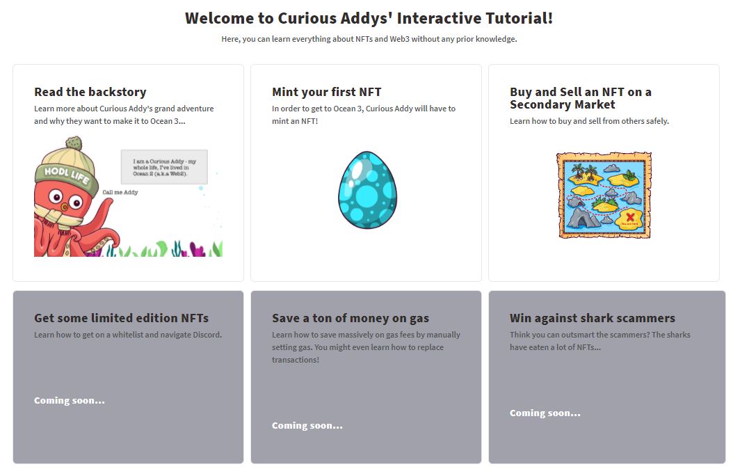 UpendoNFT's tweet photo. Come Learn With Me! Use this link to get to Curious Addys' Interactive Tutorial. Here, you can learn everything about NFTs and Web3 without any prior knowledge. 

https://t.co/dJrZc97R7j https://t.co/TaWoMY30zZ