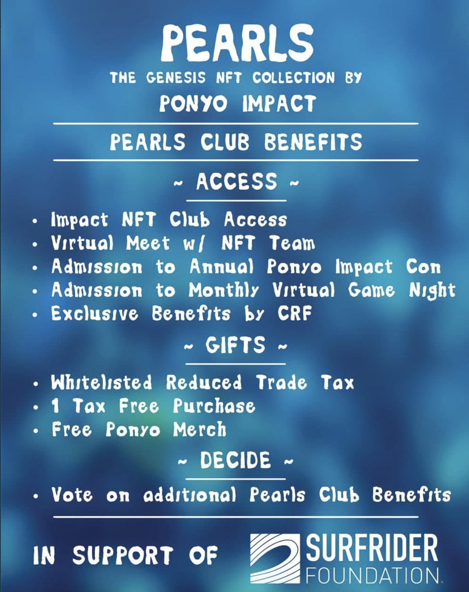 degen_house2's tweet photo. PEARLS is the genesis NFT collection by @PonyoImpact and was created to raise money for our oceans and coastlines

🎁#NFT minting live now and will directly benefit @surfrider
 
People who mint can win 🏆 #eth or even a surf trip to hawaii 🏄‍♂️
https://t.co/xb3FrSX2AX 
#ponyoimpact https://t.co/rIq7vJXOZ4