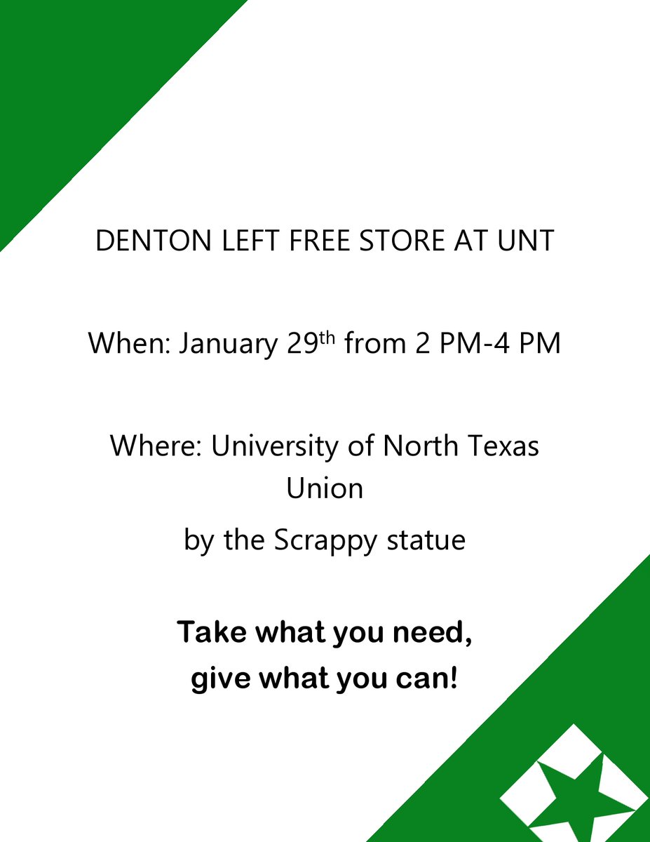 DentonLeft's tweet photo. Weather permitting, the Denton Left will be hosting a free store on UNT's campus. Whether it be clothes, food, or household items all donations will be freely given. https://t.co/BARcGwGw7T