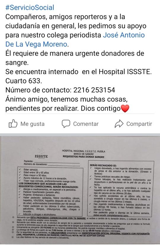 JaimeG_Roque's tweet photo. #ServicioSocial 

▶️ Urgen 4 donadores de sangre de cualquier tipo para José Antonio de la Vega @Tono_delaVega

▶️ Está en la cama 633 del ISSSTE #Puebla https://t.co/V5O16JMw39