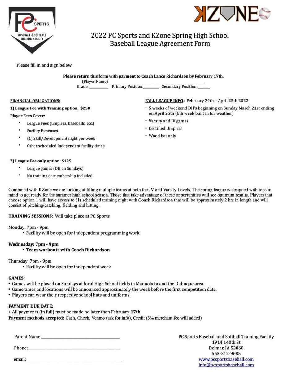 Sent the wrong one the first time! Here is the correct info for the spring league.