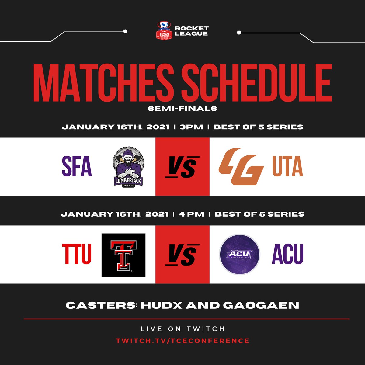 MOVING ON TO SEMI-FINALS!!! First match at 3 PM: SFA VS UTA!!! Next at 4 PM: TTU VS ACU!

#esports #rocketleague #livestream #twitch