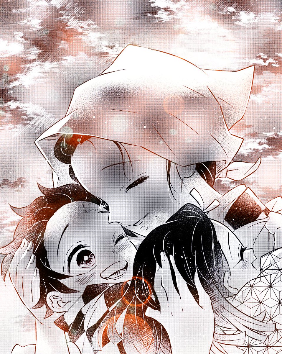 kamado nezuko ,kamado tanjirou scar on forehead closed eyes scar on face siblings scar one eye closed hand on another's head  illustration images