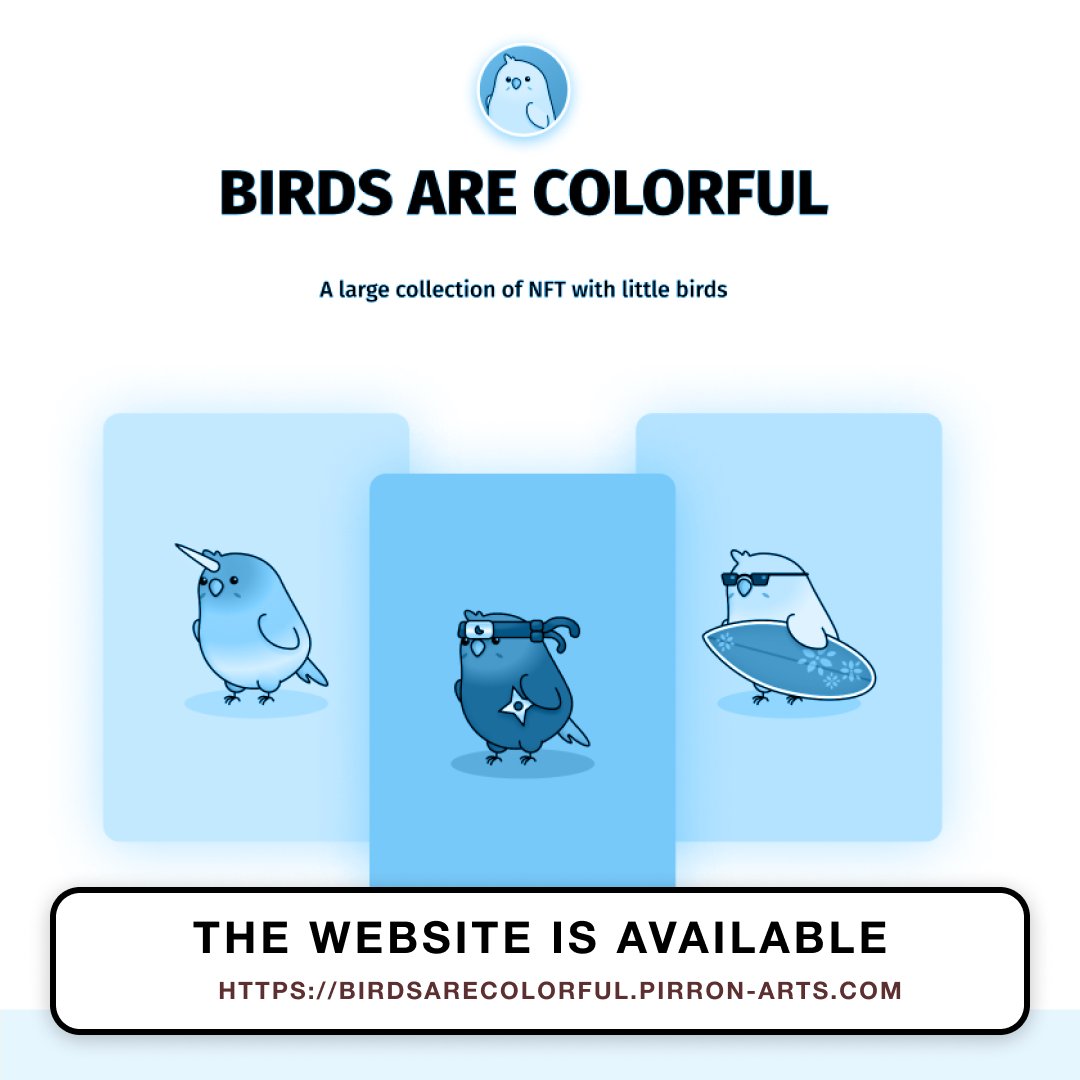 _pirron_'s tweet photo. https://t.co/zj97JbQQUo
I am now pleased to announce that this project will help 2 bird protection associations.
The collection is almost finished and gifts are coming.
please subscribe and stay tuned

#nft #nftart #nftcollector #nftartist #nftcollectors #nftcollectibles #opensea https://t.co/a9pP08nWVT