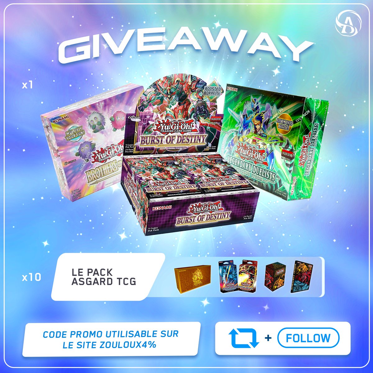 Parce qu'une bonne nouvelle n'arrive jamais seule, et qu'on fait les choses bien avec vous ! RT + Follow @Superzouloux et @Asgardtcg pour tenter de gagner: - 3x 1 display EN (BROL, BODE ou LED8) - 10x 1 Pack Asgard TCG (pour reprendre le jeu en mode Gucci !) TAS: 31/01/22