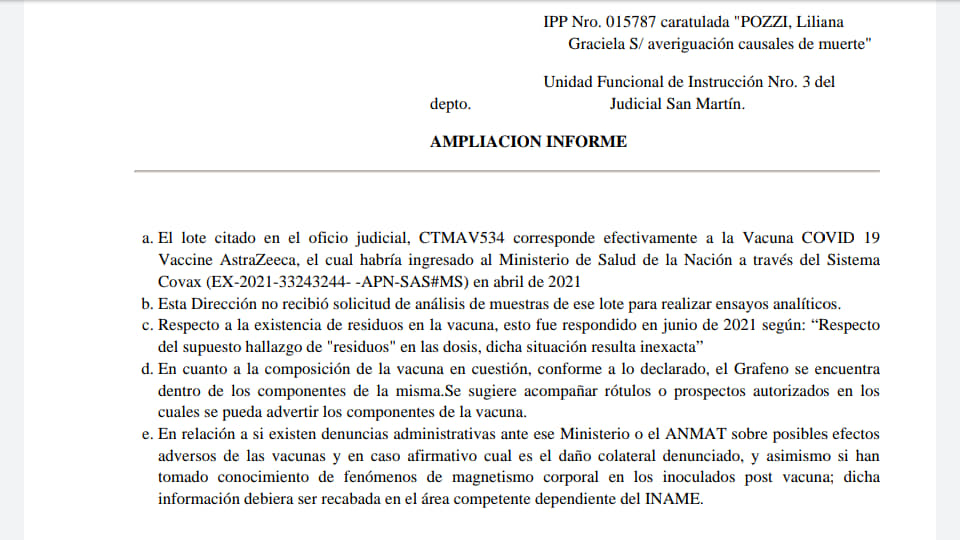 RViaute's tweet image. Extracto de un informe de la ANMAT reconociendo al grafeno como uno de los componentes de la vacuna de AstraZeneca (punto d). El documento tiene carácter oficial, integra un expediente judicial sobre averiguación de causales de muerte que se tramita en provincia de Buenos Aires.