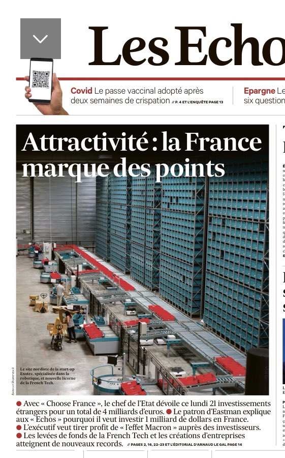 A la Une de <a href="/LesEchos/">Les Echos</a> demain. La France 🇫🇷 est plus attractive que jamais pour les investisseurs étrangers, et c’est à <a href="/EmmanuelMacron/">Emmanuel Macron</a> et à notre majorité que nous le devons. #5ansdeplus #Macron2022