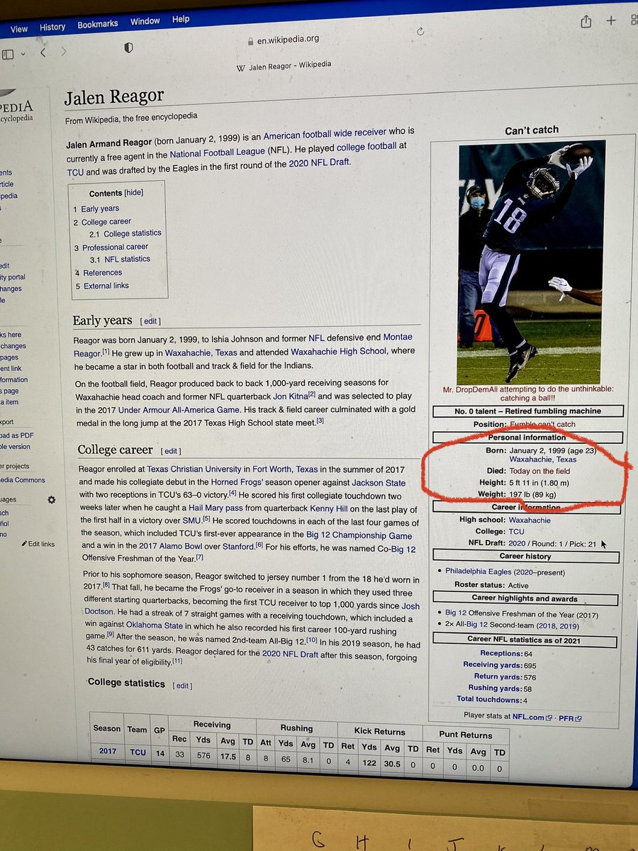 Wikipedia’s Jalen Reagor page. Hilarious! How is he still an Eagle?